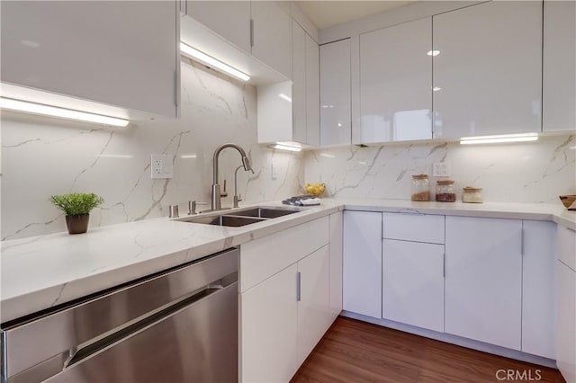 2999 E Ocean Blvd Unit 210, Long Beach, CA 90803 - kitchen featuring stainless steel dishwasher, a sink, white cabinets, and decorative backsplash