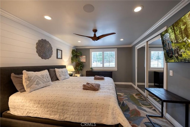 41496 Comstock Ln, Big Bear Lake, CA 92315 - bedroom with baseboards, multiple windows, dark wood-style flooring, and crown molding