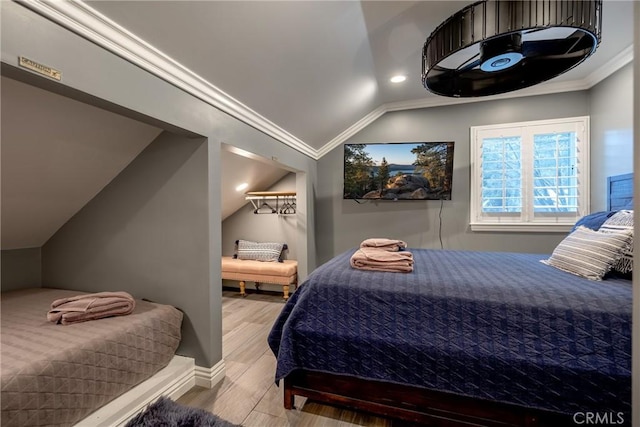 41496 Comstock Ln, Big Bear Lake, CA 92315 - bedroom with wood finished floors, ornamental molding, and vaulted ceiling
