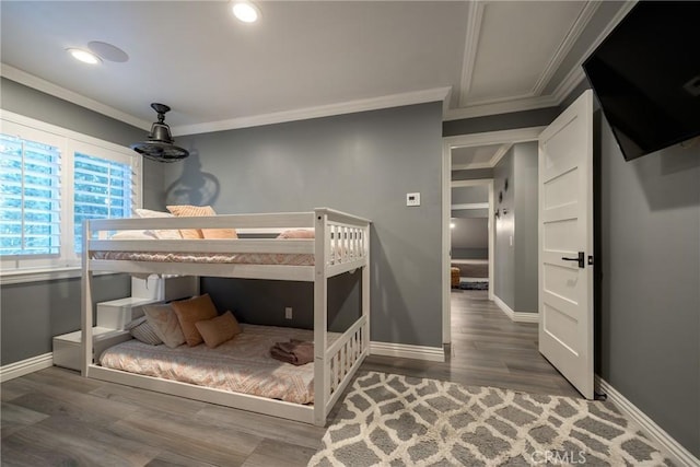 41496 Comstock Ln, Big Bear Lake, CA 92315 - bedroom with wood finished floors, baseboards, and ornamental molding