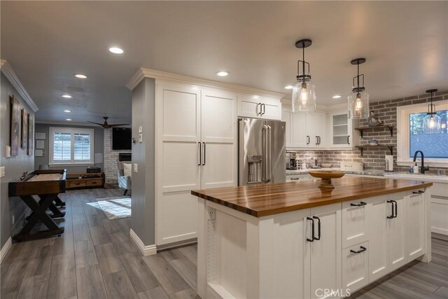 41496 Comstock Ln, Big Bear Lake, CA 92315 - kitchen featuring dark wood-type flooring, butcher block countertops, a ceiling fan, a sink, and high quality fridge