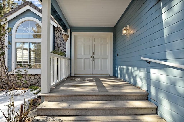 30172 Enchanted Way, Running Springs, CA 92382 - doorway to property featuring covered porch