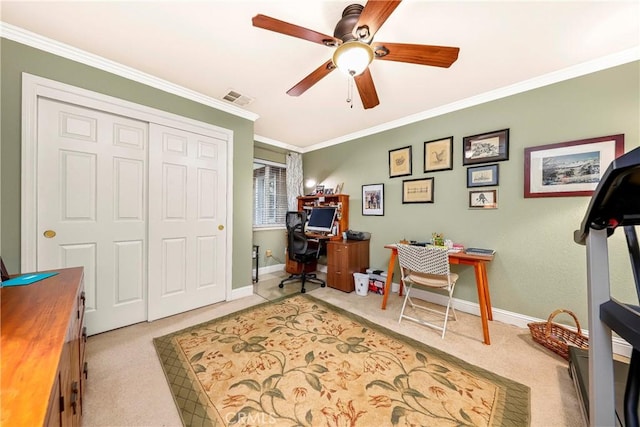 18051 Bold Venture Dr, Tehachapi, CA 93561 - carpeted home office with visible vents, baseboards, ceiling fan, and ornamental molding