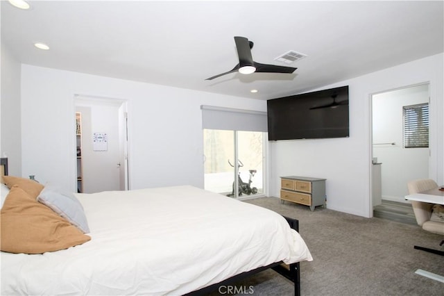 bedroom with recessed lighting, visible vents, carpet, and ceiling fan