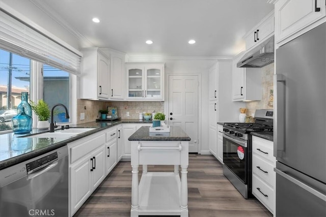 kitchen featuring under cabinet range hood, appliances with stainless steel finishes, a sink, and white cabinetry