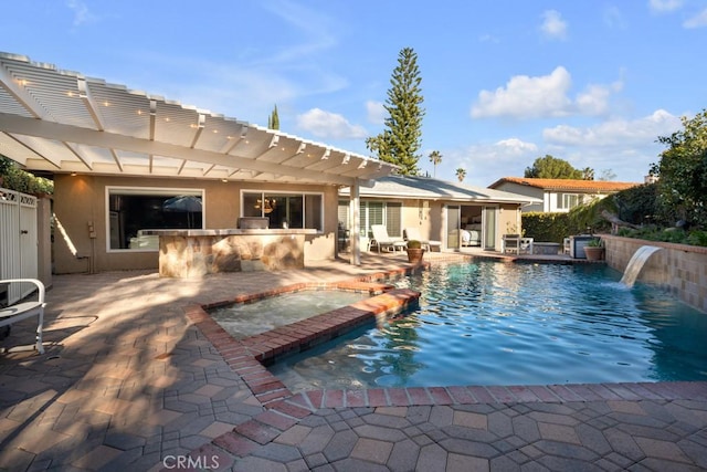 rear view of house with a patio, outdoor dry bar, a pergola, and stucco siding