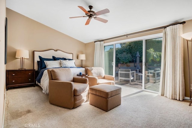 bedroom featuring carpet flooring, access to outside, vaulted ceiling, and ceiling fan