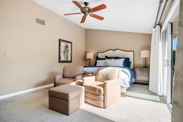 bedroom with a ceiling fan, vaulted ceiling, visible vents, carpet flooring, and baseboards