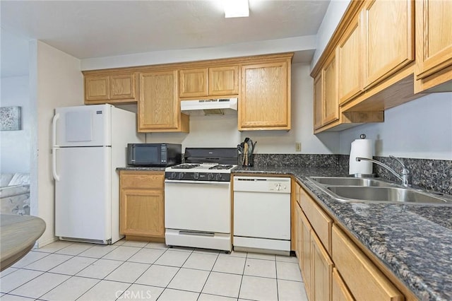 609 Rancheria Dr, Chico, CA 95926 - kitchen with white appliances, under cabinet range hood, and light tile patterned floors