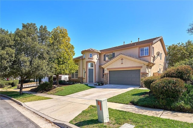 4224 Castlepeak Dr, Corona, CA 92883 - mediterranean / spanish-style house featuring stone siding, a garage, concrete driveway, a front lawn, and stucco siding