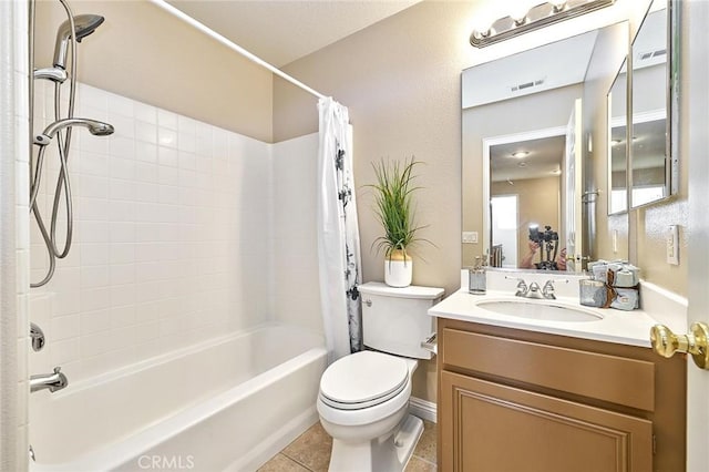 4224 Castlepeak Dr, Corona, CA 92883 - bathroom with shower / bathtub combination with curtain, vanity, toilet, tile patterned floors, and visible vents