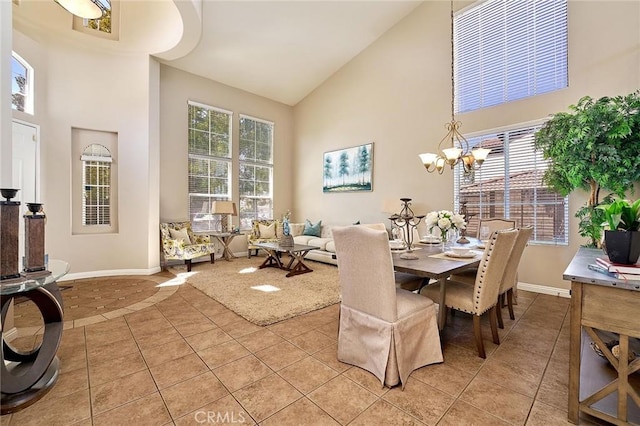 4224 Castlepeak Dr, Corona, CA 92883 - dining area with a healthy amount of sunlight, high vaulted ceiling, an inviting chandelier, and light tile patterned floors