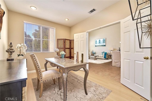 4224 Castlepeak Dr, Corona, CA 92883 - office space with baseboards, light wood-type flooring, visible vents, and recessed lighting