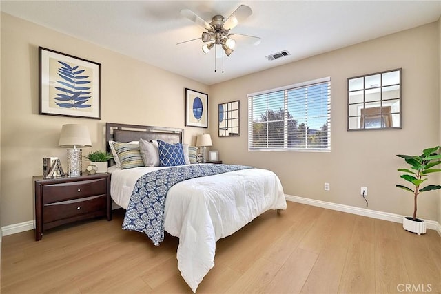 4224 Castlepeak Dr, Corona, CA 92883 - bedroom with baseboards, visible vents, light wood-style floors, and ceiling fan