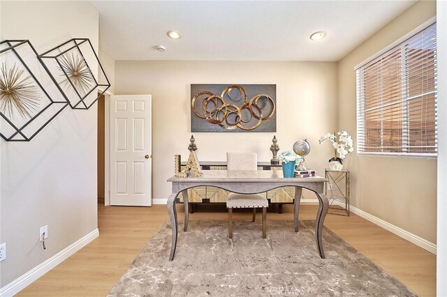 4224 Castlepeak Dr, Corona, CA 92883 - office space featuring baseboards, wood finished floors, and recessed lighting