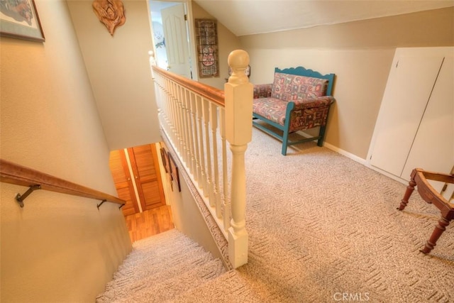 13730 Nimshew Rd, Magalia, CA 95954 - stairway featuring baseboards, lofted ceiling, and carpet flooring