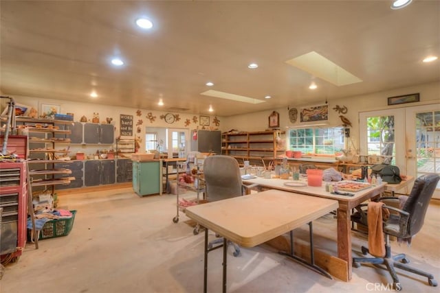 13730 Nimshew Rd, Magalia, CA 95954 - interior space with a workshop area, recessed lighting, french doors, and a skylight