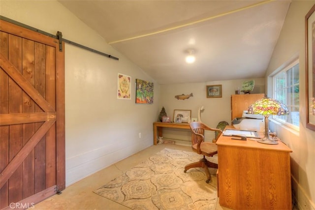 13730 Nimshew Rd, Magalia, CA 95954 - office area with concrete floors, a barn door, and vaulted ceiling
