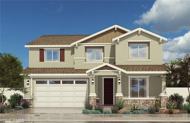29754 Laurel Ct, Menifee, CA 92584 - craftsman house featuring stucco siding, stone siding, concrete driveway, and an attached garage
