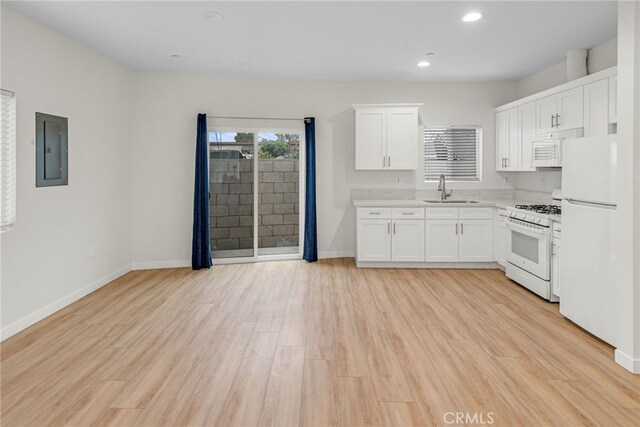 1109 N Mulberry, Compton, CA 90222 - kitchen featuring white appliances, electric panel, light countertops, white cabinetry, and light wood-type flooring