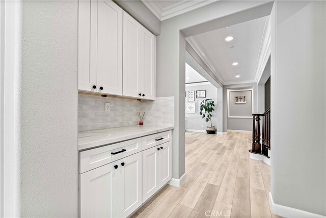 3905 Elderberry Cir, Corona, CA 92882 - hallway featuring stairway, recessed lighting, ornamental molding, baseboards, and light wood-style flooring
