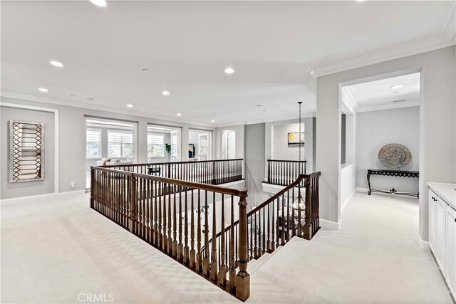 3905 Elderberry Cir, Corona, CA 92882 - hall featuring an upstairs landing, light carpet, baseboards, ornamental molding, and recessed lighting
