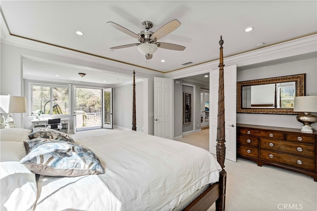 3905 Elderberry Cir, Corona, CA 92882 - bedroom featuring light colored carpet, visible vents, crown molding, and recessed lighting