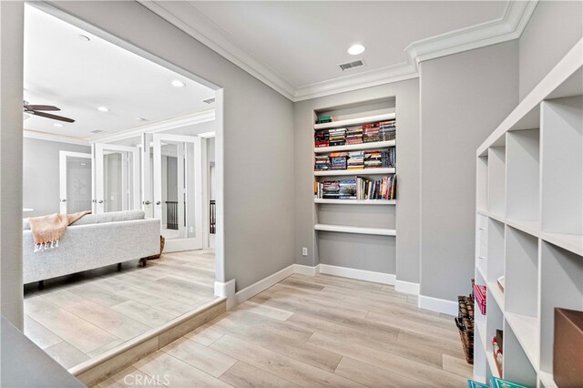 3905 Elderberry Cir, Corona, CA 92882 - interior space featuring visible vents, ornamental molding, wood finished floors, recessed lighting, and french doors