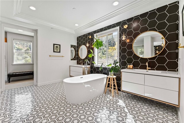 3905 Elderberry Cir, Corona, CA 92882 - full bathroom featuring a sink, ornamental molding, a freestanding tub, and a wealth of natural light