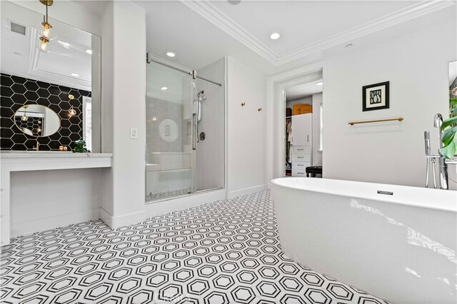 3905 Elderberry Cir, Corona, CA 92882 - full bath featuring a freestanding tub, a shower stall, baseboards, visible vents, and ornamental molding