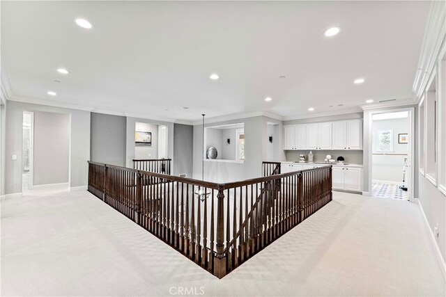 3905 Elderberry Cir, Corona, CA 92882 - hall featuring an upstairs landing, ornamental molding, recessed lighting, and light carpet