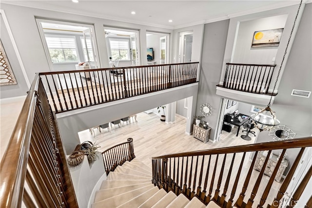 3905 Elderberry Cir, Corona, CA 92882 - staircase featuring baseboards, visible vents, recessed lighting, and ornamental molding