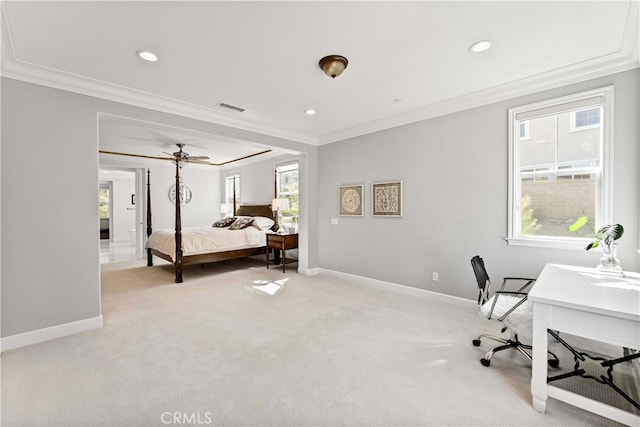 3905 Elderberry Cir, Corona, CA 92882 - bedroom featuring crown molding, light colored carpet, and visible vents