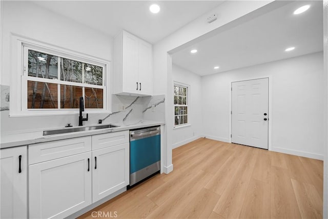 7116 Waring Ave, Los Angeles, CA 90046 - kitchen featuring white cabinetry, light wood-style flooring, a sink, decorative backsplash, and dishwasher