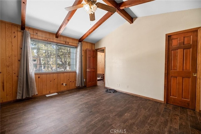 252 Riverside Ave, Sugarloaf, CA 92386 - spare room with dark wood finished floors, wooden walls, and ceiling fan