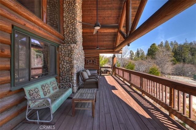 29632 Hook Creek Rd, Cedar Glen, CA 92321 - wooden deck featuring an outdoor hangout area and a ceiling fan