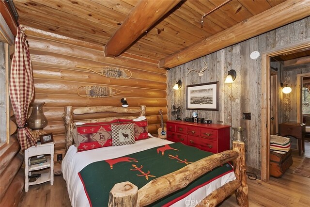 29632 Hook Creek Rd, Cedar Glen, CA 92321 - bedroom featuring a wood ceiling with exposed beams, wood finished floors, and log walls