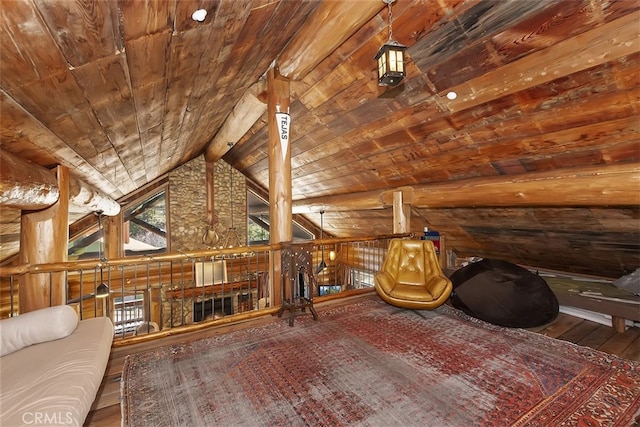 29632 Hook Creek Rd, Cedar Glen, CA 92321 - living area with wooden ceiling, wood-type flooring, and an upstairs landing