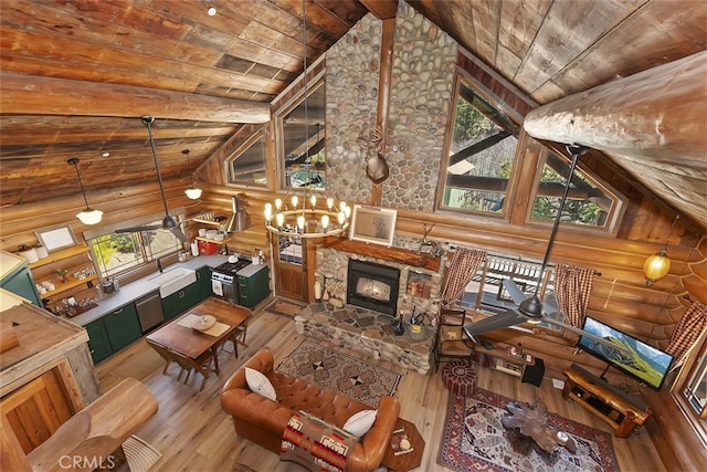 29632 Hook Creek Rd, Cedar Glen, CA 92321 - living room featuring log walls, a wood ceiling with exposed beams, wood-type flooring, plenty of natural light, and a stone fireplace