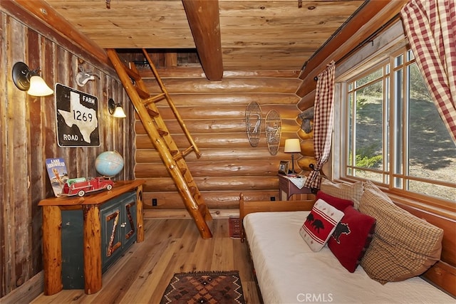 29632 Hook Creek Rd, Cedar Glen, CA 92321 - bedroom with a wooden ceiling with exposed beams, wood-type flooring, and rustic walls