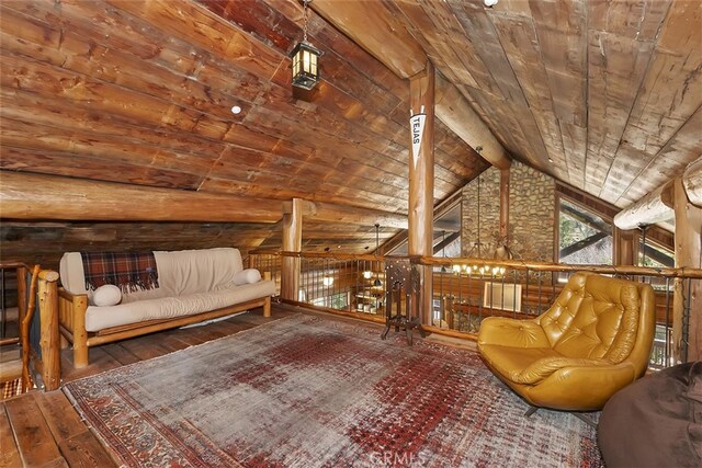 29632 Hook Creek Rd, Cedar Glen, CA 92321 - sitting room with wood ceiling, hardwood / wood-style flooring, and an upstairs landing