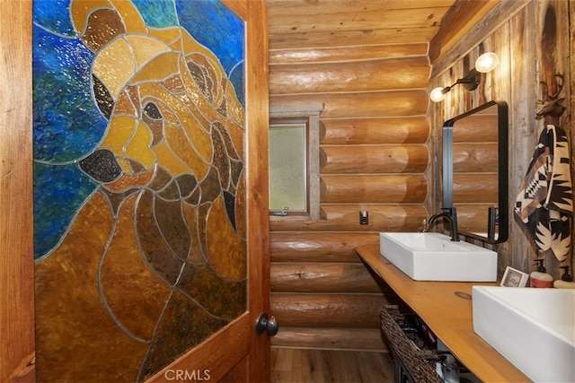 29632 Hook Creek Rd, Cedar Glen, CA 92321 - bathroom featuring wooden ceiling, rustic walls, and wood finished floors