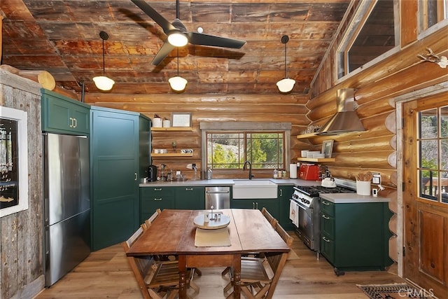 29632 Hook Creek Rd, Cedar Glen, CA 92321 - kitchen featuring green cabinetry, stainless steel appliances, open shelves, island range hood, and light wood-style flooring