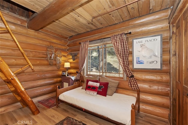 29632 Hook Creek Rd, Cedar Glen, CA 92321 - sitting room with a wooden ceiling with exposed beams, log walls, and wood finished floors