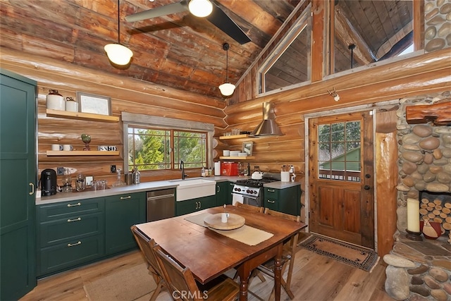 29632 Hook Creek Rd, Cedar Glen, CA 92321 - kitchen featuring green cabinetry, open shelves, log walls, a wood ceiling with exposed beams, and appliances with stainless steel finishes