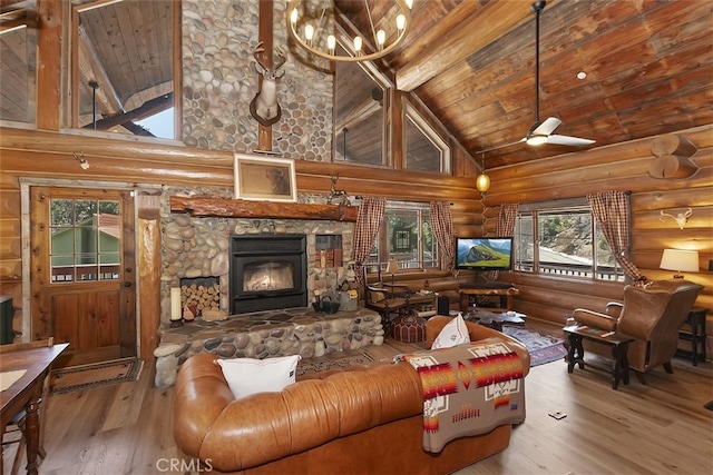 29632 Hook Creek Rd, Cedar Glen, CA 92321 - living area featuring rustic walls, a wooden ceiling with exposed beams, wood finished floors, high vaulted ceiling, and a stone fireplace