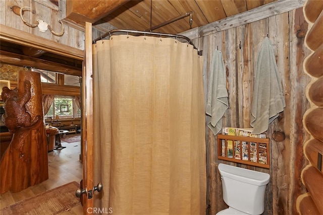 29632 Hook Creek Rd, Cedar Glen, CA 92321 - bathroom with wood finished floors, wooden ceiling, and a shower with shower curtain