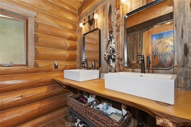 29632 Hook Creek Rd, Cedar Glen, CA 92321 - bathroom featuring log walls and double vanity