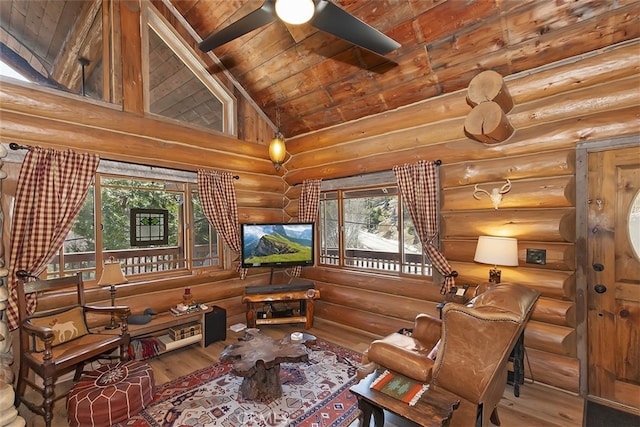 29632 Hook Creek Rd, Cedar Glen, CA 92321 - living area with hardwood / wood-style floors, a wooden ceiling with exposed beams, healthy amount of natural light, log walls, and ceiling fan