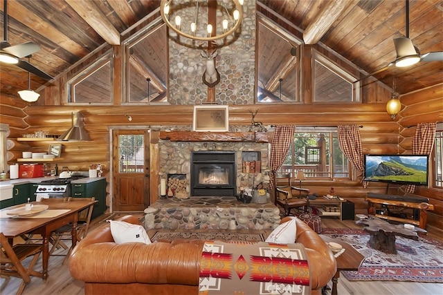29632 Hook Creek Rd, Cedar Glen, CA 92321 - living area featuring rustic walls, a wood ceiling with exposed beams, wood-type flooring, high vaulted ceiling, and a fireplace